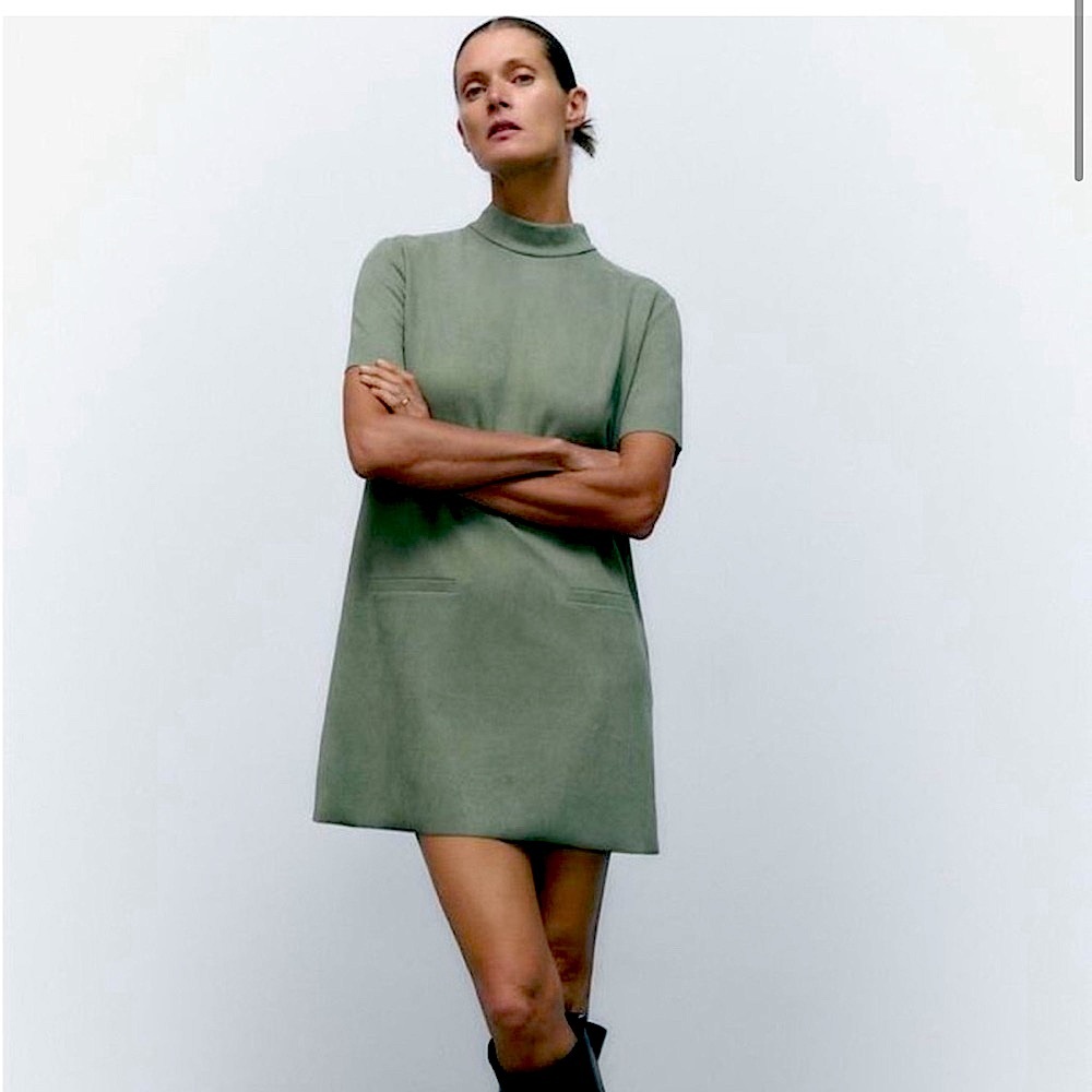 ✨ Zara Faux Suede Mini Dress 🌿 Sage Green 💚 Relaxed Fit